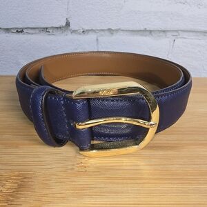 Lauren Ralph Lauren Men's Navy Blue Leather Belt with Gold Buckle Size Med